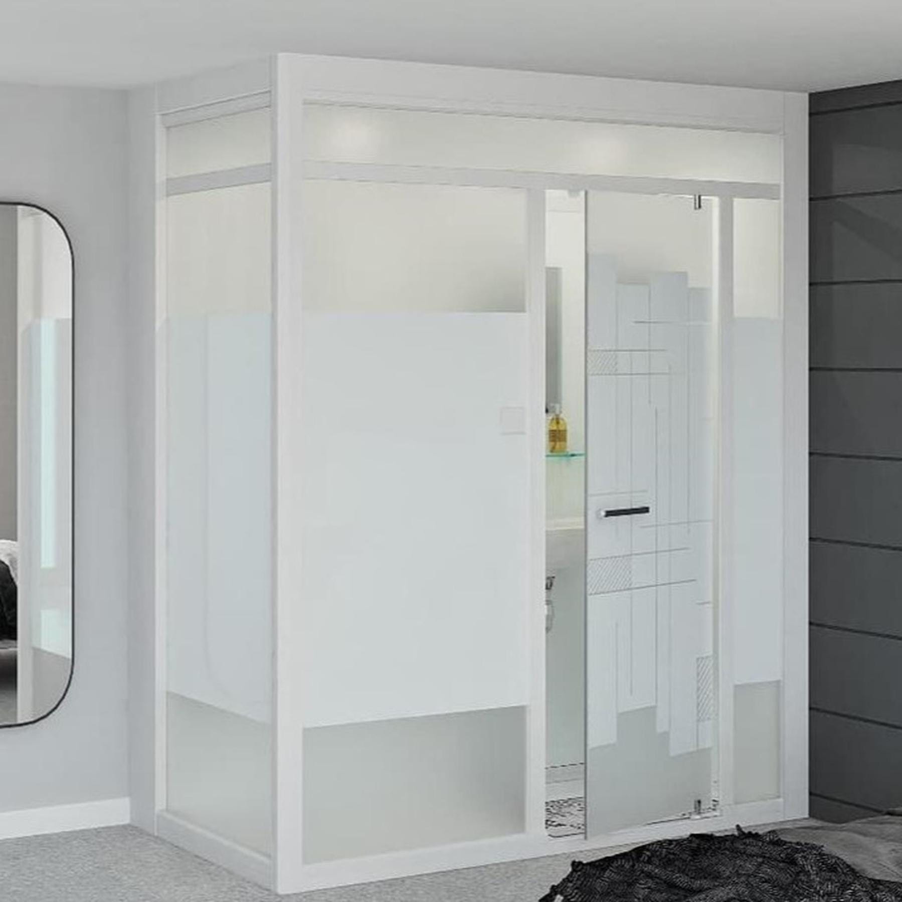 Salle de bain d'angle Kinedo MODULO Luxe 200x100 haute douche à gauche, meuble vasque centré, WC et sèche serviettes à droite blanc verre blanc dépoli 0