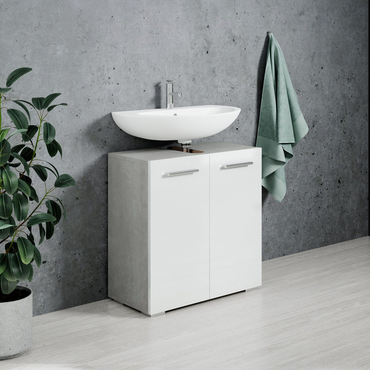 Meuble vasque Jupiter - Beton gris avec blanc - 60 x 30 x 60 cm - Meuble de salle de bain, colonne, armoire 1