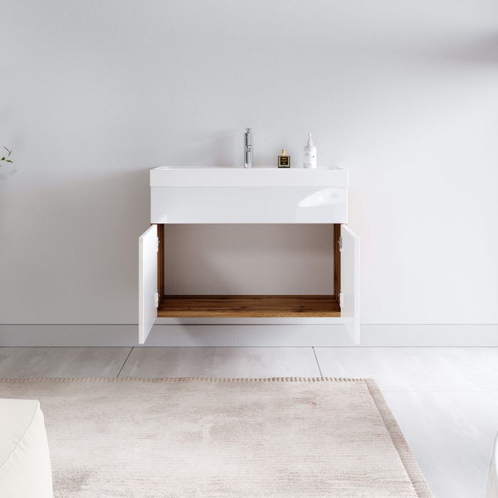 Meuble de salle de bain Paso 01 80 x 40 cm lavabo Chene avec Blanc – Armoire de rangement 2