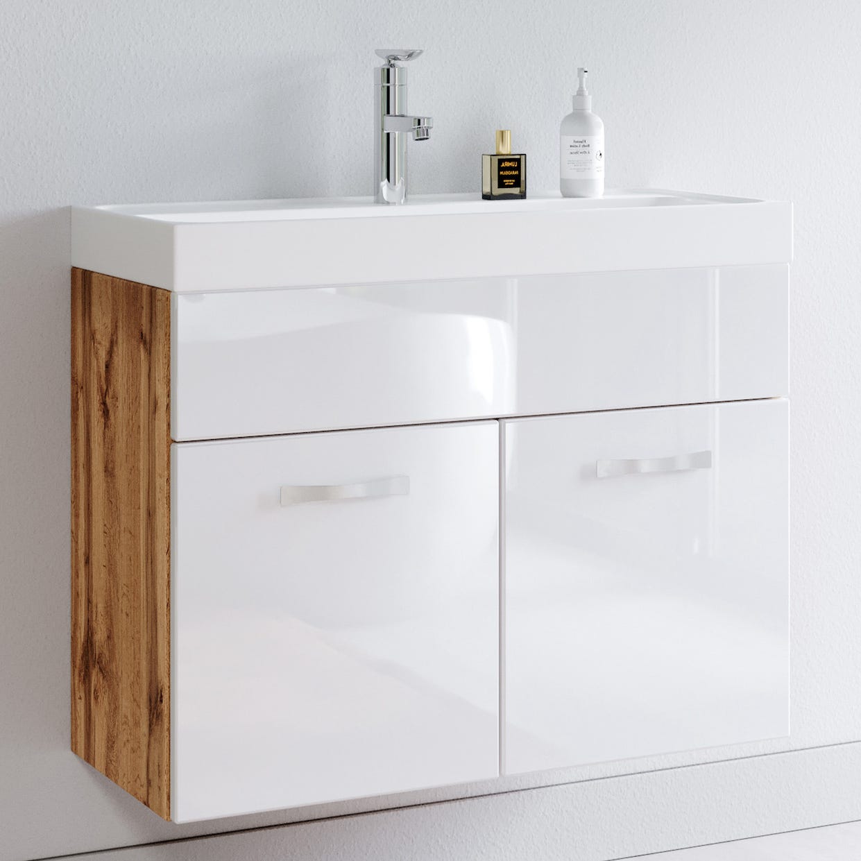 Meuble de salle de bain Paso 01 80 x 40 cm lavabo Chene avec Blanc – Armoire de rangement 1