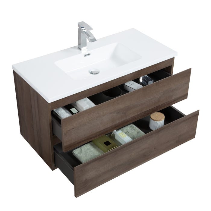 Meuble de salle de bain Angela 90 cm lavabo Chene Marron – Armoire de rangement Meuble lavabo 1