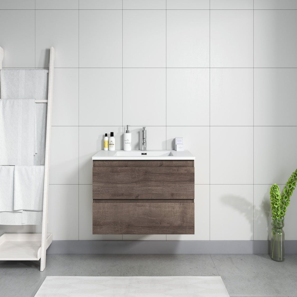 Meuble de salle de bain Angela 90 cm lavabo Chene Marron – Armoire de rangement Meuble lavabo 4