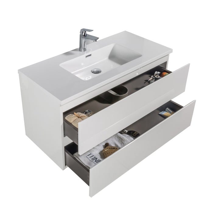 Meuble de salle de bain Angela 90 cm lavabo Blanc brillant – Armoire de rangement Meuble lavabo 1