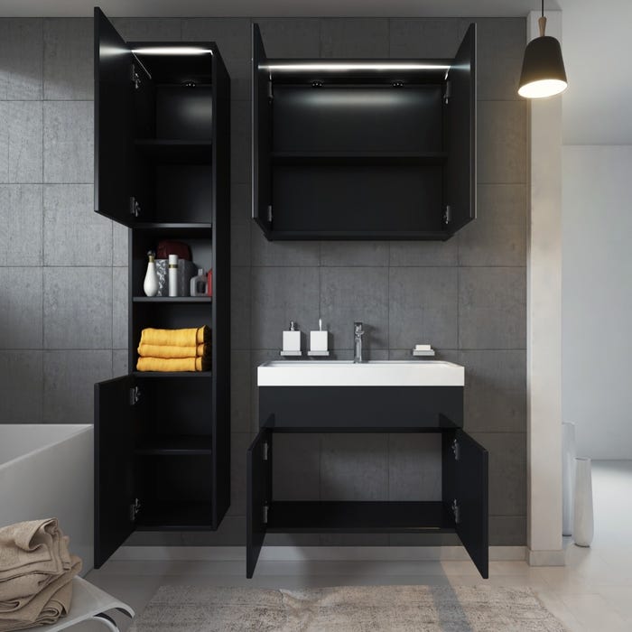 Meuble de salle de bain de Paso 80 x 40 cm lavabo Noir Brillant – Armoire de rangement Meuble lavabo armoire miroir 2