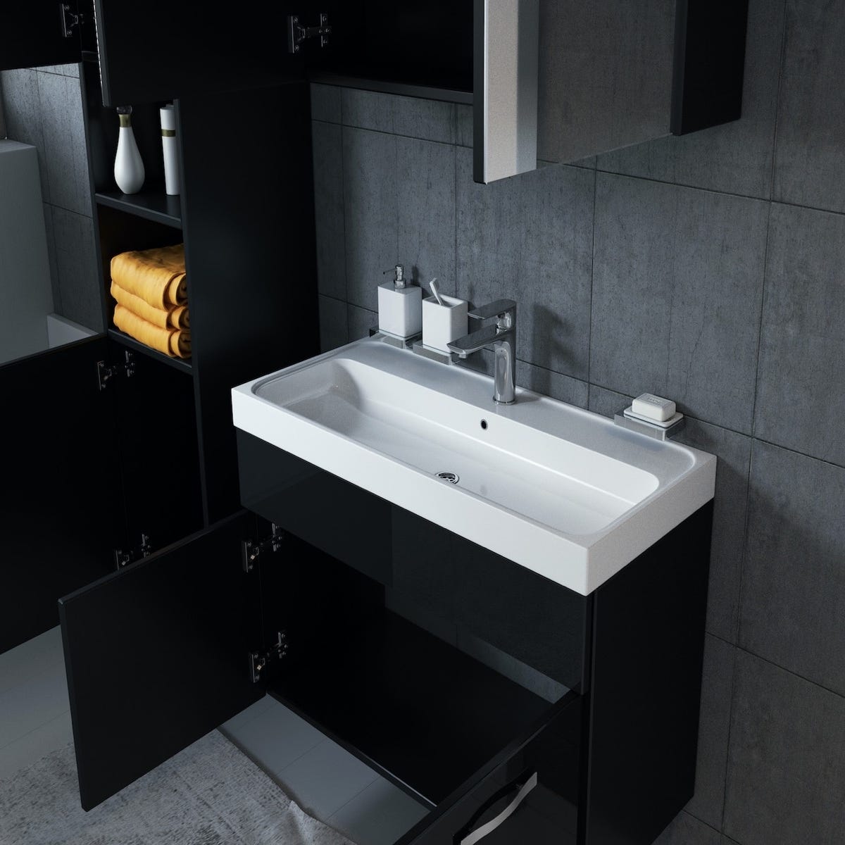 Meuble de salle de bain de Paso 80 x 40 cm lavabo Noir Brillant – Armoire de rangement Meuble lavabo armoire miroir 4
