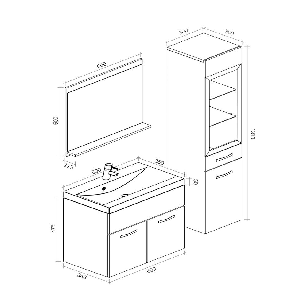 Meuble de salle de bain Rio XL LED 60 cm lavabo Chene Gris - Armoire de rangement Meuble lavabo 5