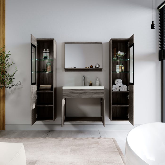 Meuble de salle de bain Rio XL LED 60 cm lavabo Chene Gris - Armoire de rangement Meuble lavabo 3