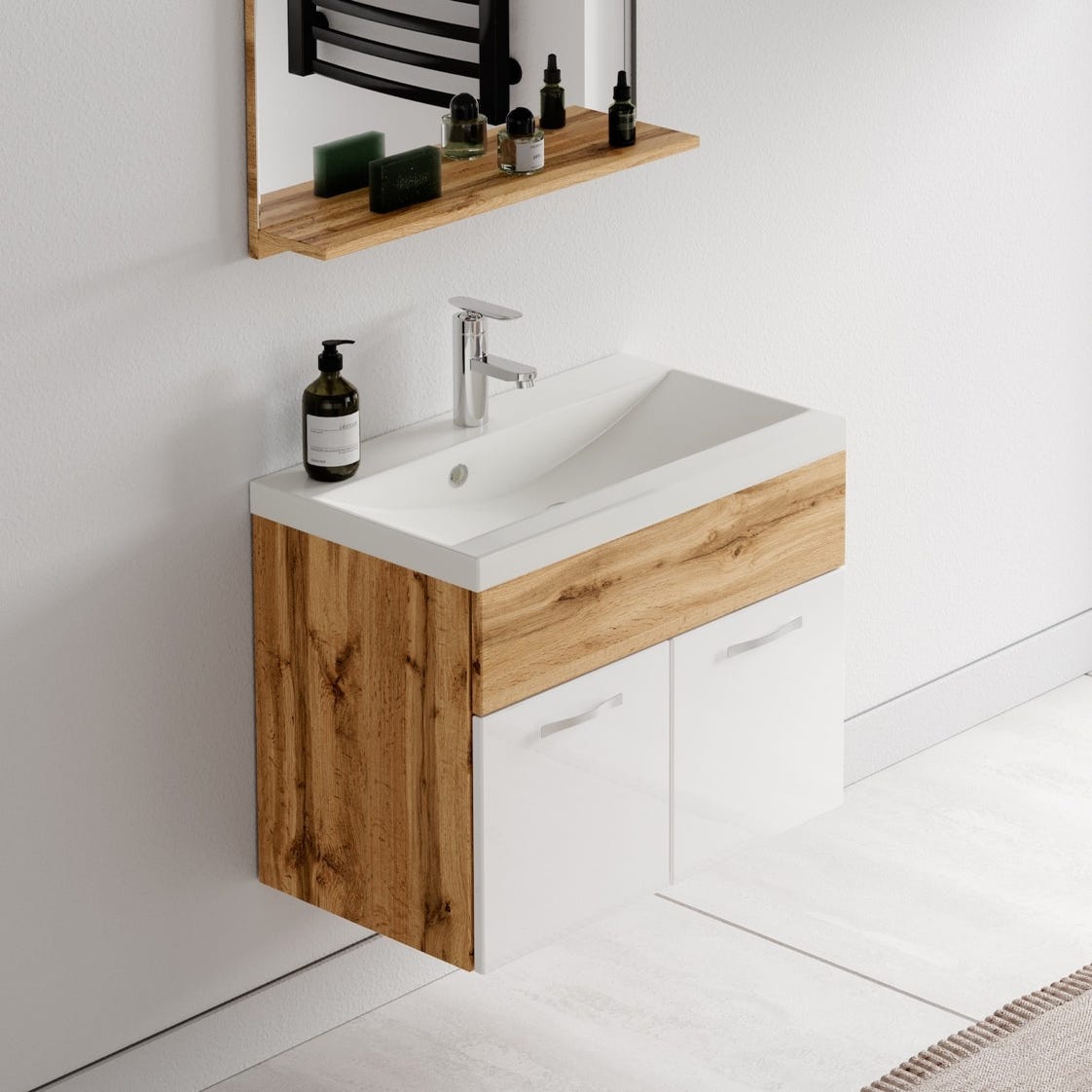 Meuble de salle de bain de Montreal 02 60 cm lavabo Chene Blanc Brillant - Armoire de rangement Meuble lavabo evier Meubles 3