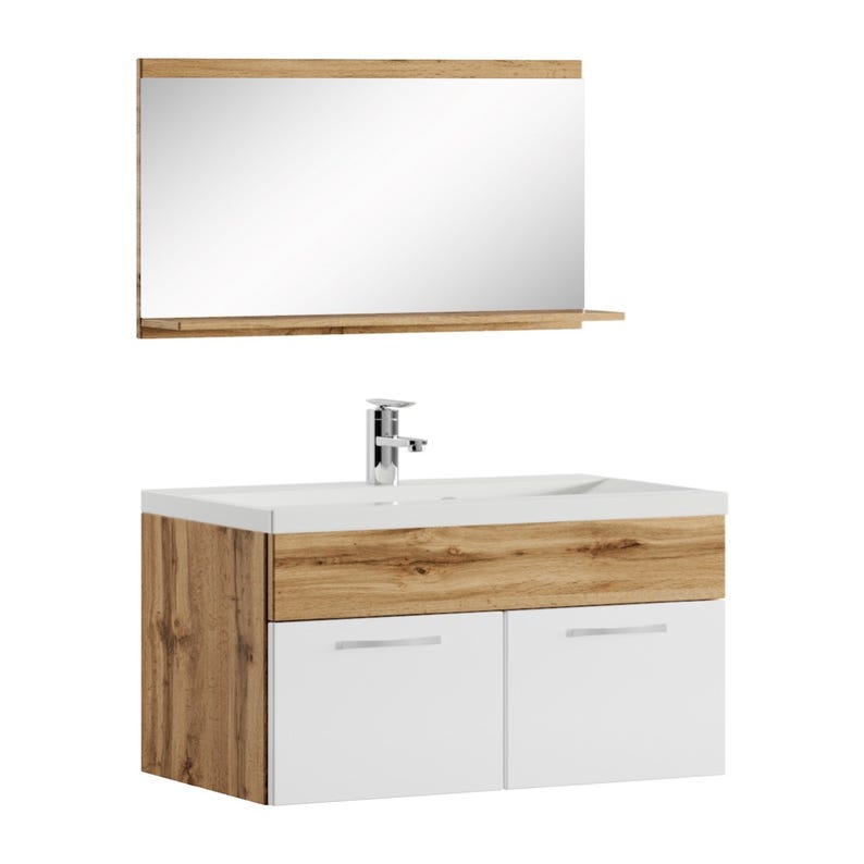 Meuble de salle de bain de Montreal 02 60 cm lavabo Chene Blanc Brillant - Armoire de rangement Meuble lavabo evier Meubles 0