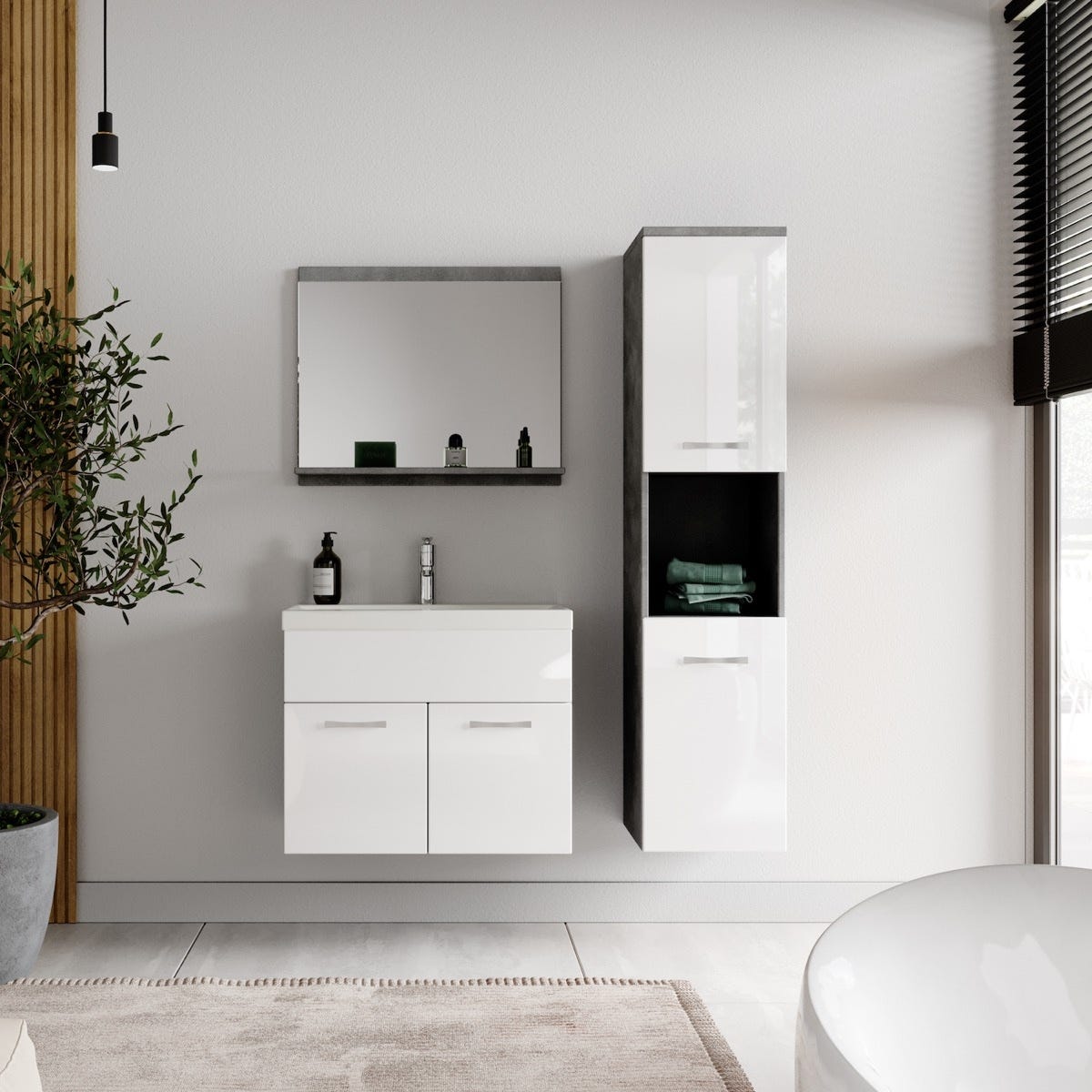 Meuble de salle de bain Montreal 60 cm lavabo Gris avec Blanc - Armoire de rangement Meuble lavabo evier Meubles 2