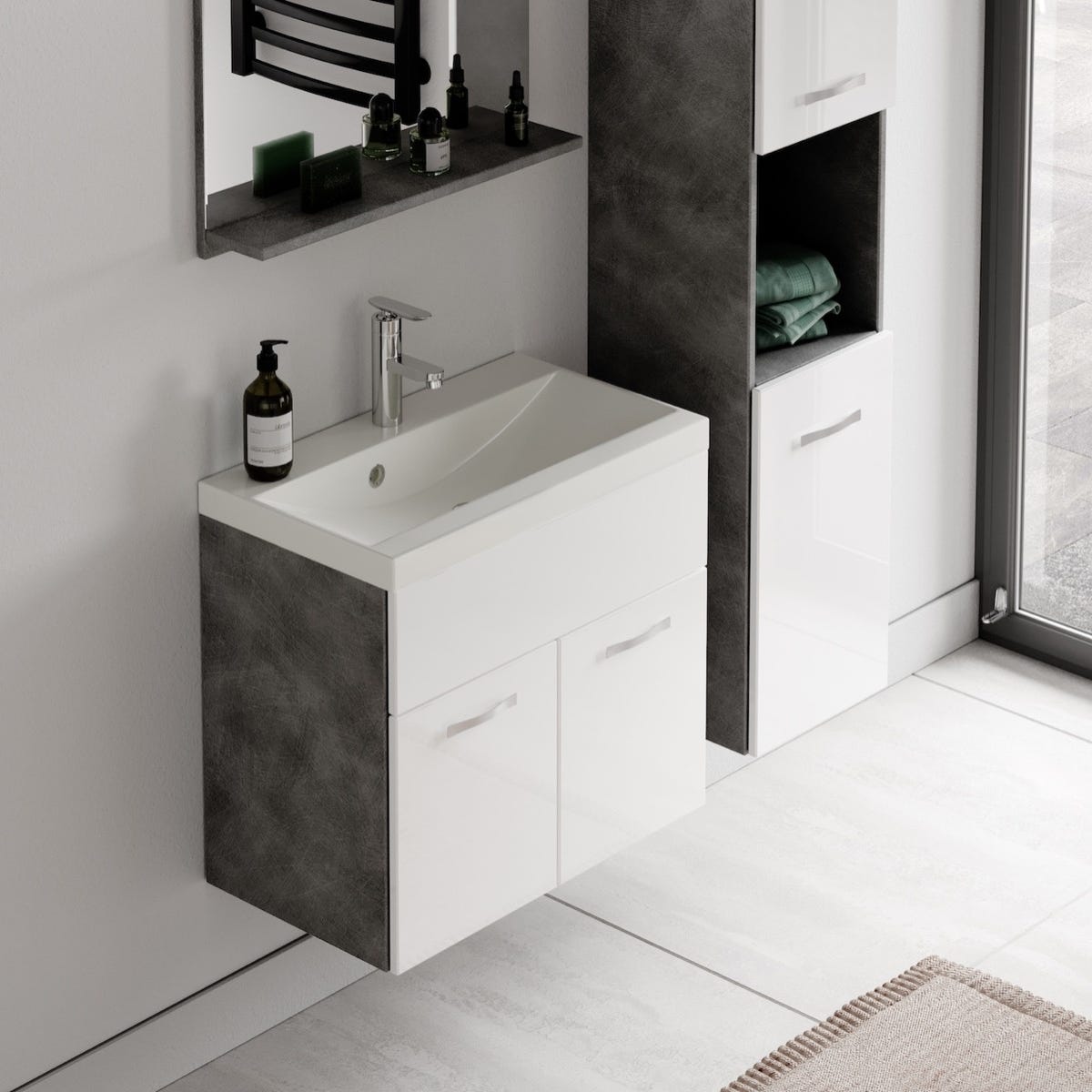 Meuble de salle de bain Montreal 60 cm lavabo Gris avec Blanc - Armoire de rangement Meuble lavabo evier Meubles 4