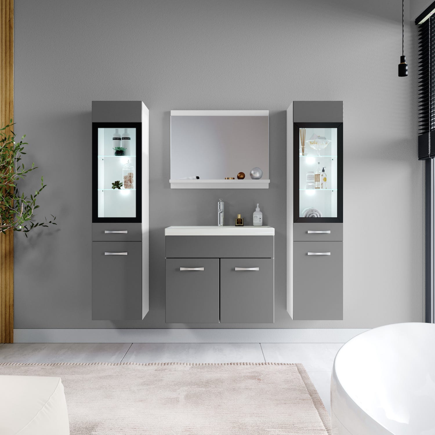 Meuble de salle de bain Rio XL LED 60 cm lavabo Gris brillant - Armoire de rangement Meuble lavabo 2