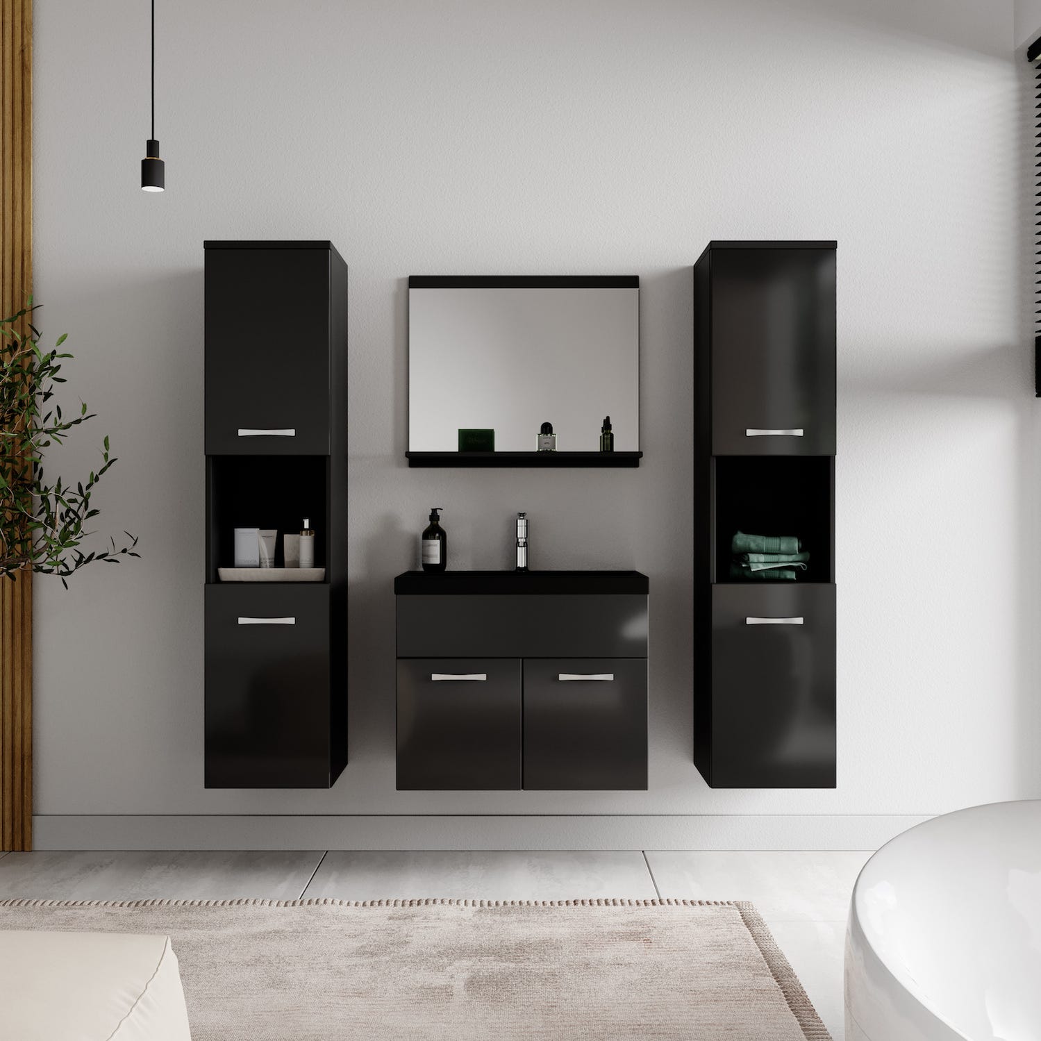Meuble de salle de bain Montreal XL 60 cm lavabo Noir brillant, lavabo noir - Armoire de rangement Meuble lavabo evier Meubles 2