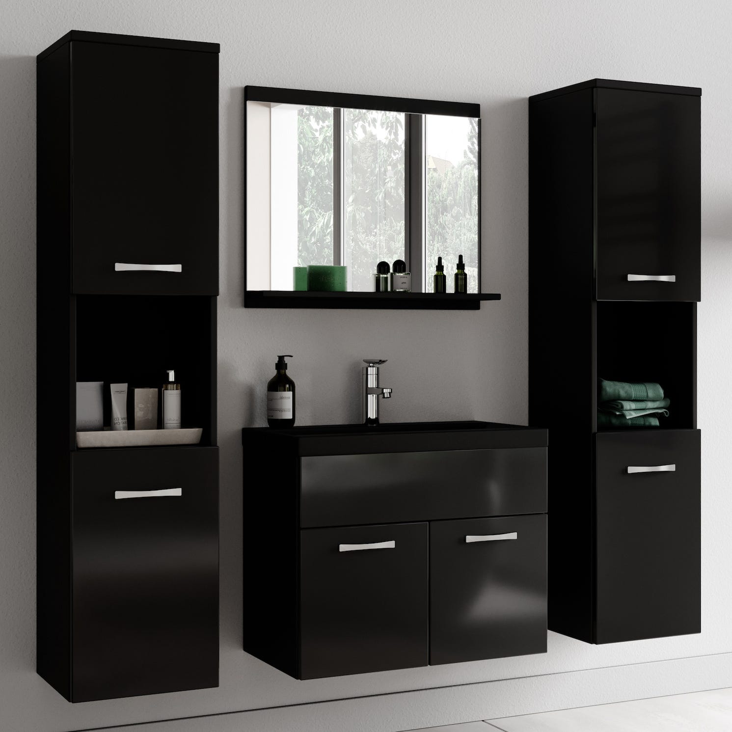 Meuble de salle de bain Montreal XL 60 cm lavabo Noir brillant, lavabo noir - Armoire de rangement Meuble lavabo evier Meubles 1