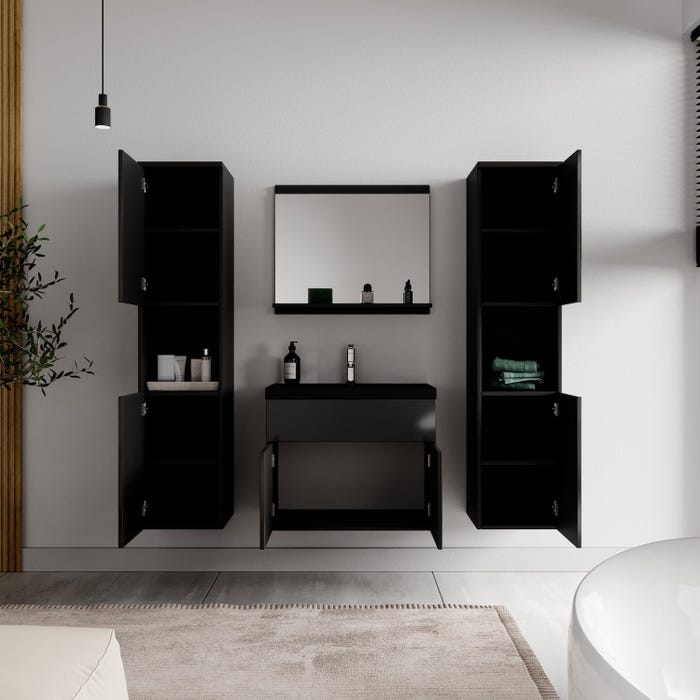 Meuble de salle de bain Montreal XL 60 cm lavabo Noir brillant, lavabo noir - Armoire de rangement Meuble lavabo evier Meubles 3