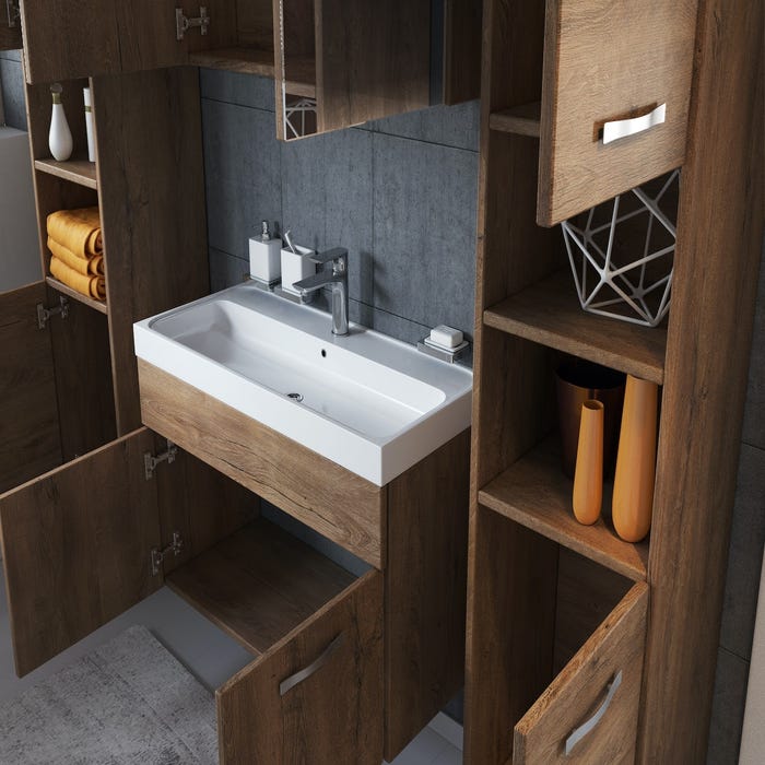 Meuble de salle de bain Paso XL 80 x 40 cm Chene Marron – Armoire de rangement Meuble lavabo evier Meuble lavabo 4