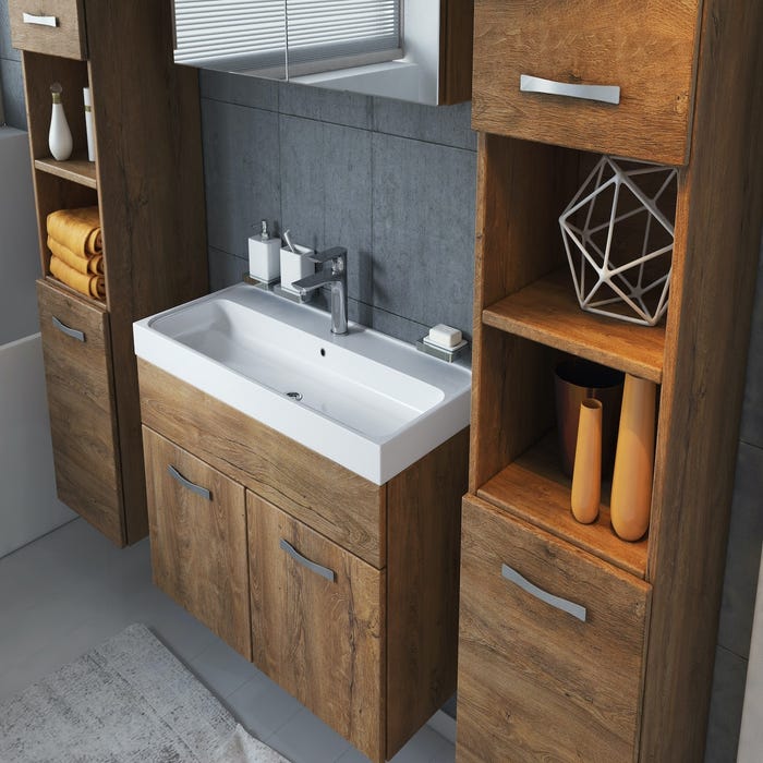 Meuble de salle de bain Paso XL 80 x 40 cm Chene Marron – Armoire de rangement Meuble lavabo evier Meuble lavabo 3