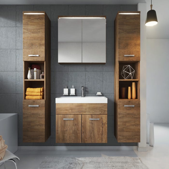 Meuble de salle de bain Paso XL 80 x 40 cm Chene Marron – Armoire de rangement Meuble lavabo evier Meuble lavabo 1