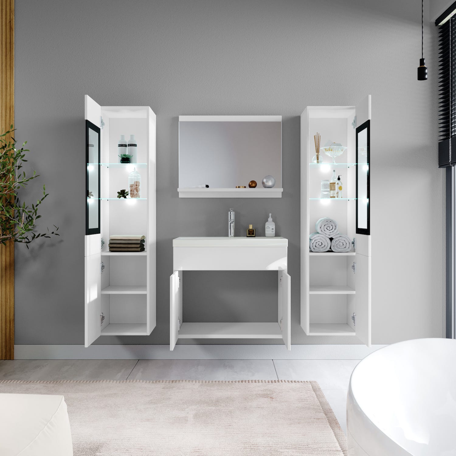 Meuble de salle de bain Rio XL LED 60 cm lavabo Blanc brillant - Armoire de rangement Meuble lavabo 3