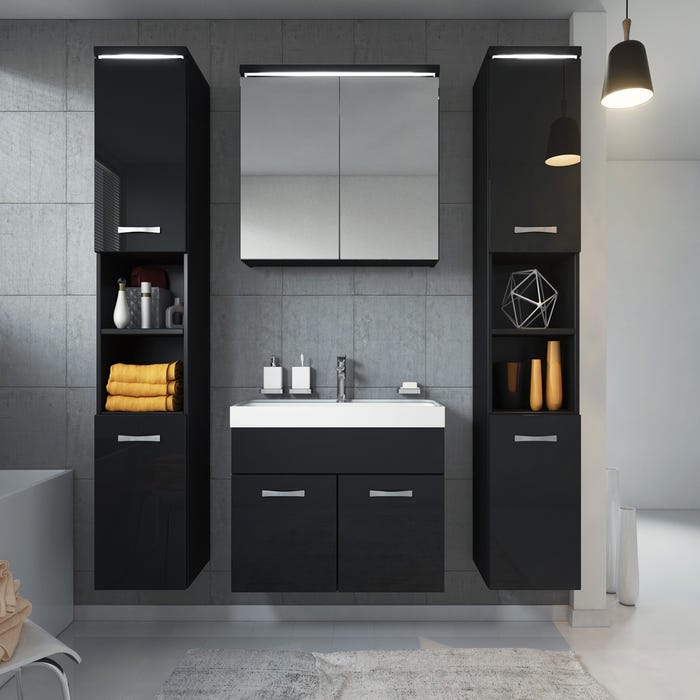 Meuble de salle de bain Paso XL 80 x 40 cm Noir Brillant – Armoire de rangement Meuble lavabo evier Meuble lavabo 1