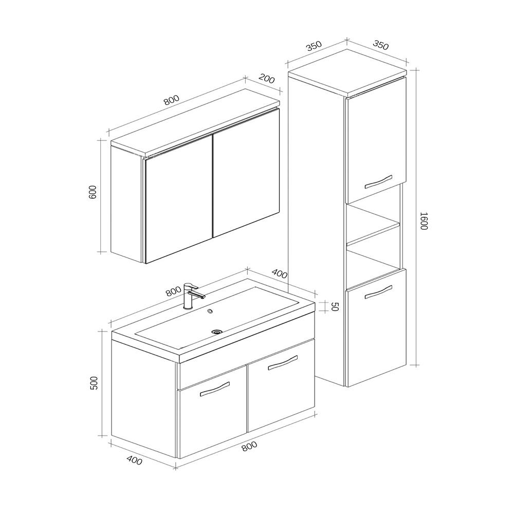 Meuble de salle de bain Paso XL 80 x 40 cm Noir Brillant – Armoire de rangement Meuble lavabo evier Meuble lavabo 5