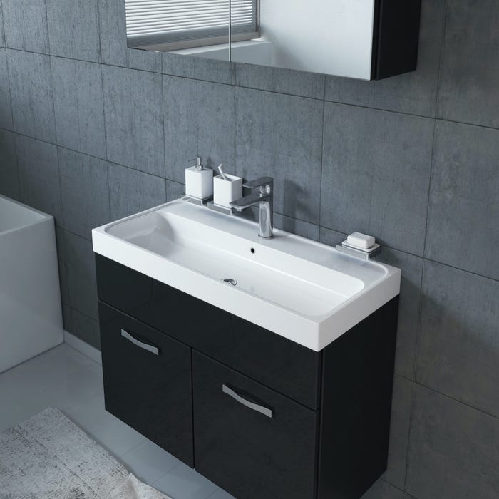 Meuble de salle de bain Paso 02 80 x 40 cm lavabo Noir Brillant – Armoire de rangement miroir armoire miroir 2