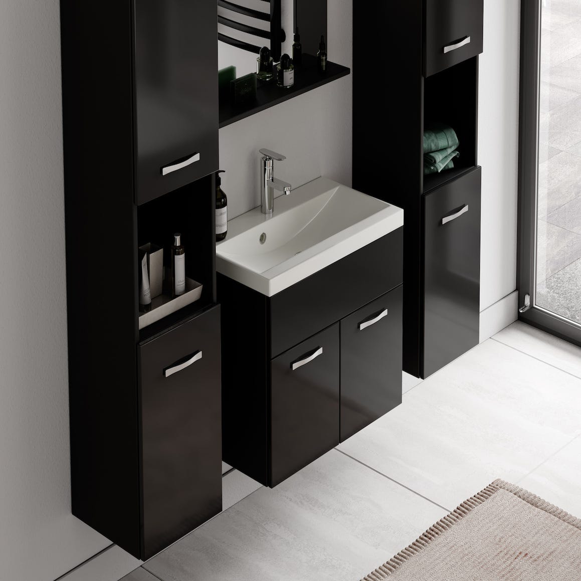 Meuble de salle de bain Montreal XL 60 cm lavabo Noir brillant - Armoire de rangement Meuble lavabo evier Meubles 4