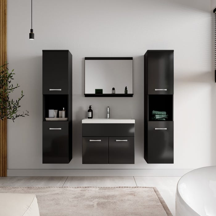 Meuble de salle de bain Montreal XL 60 cm lavabo Noir brillant - Armoire de rangement Meuble lavabo evier Meubles 2