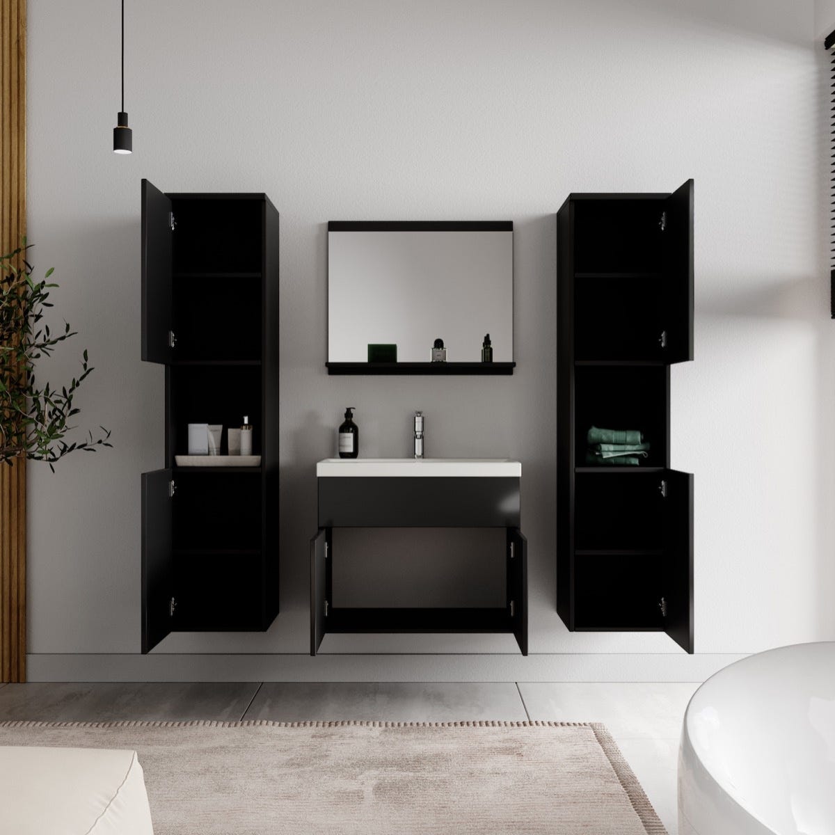 Meuble de salle de bain Montreal XL 60 cm lavabo Noir brillant - Armoire de rangement Meuble lavabo evier Meubles 3