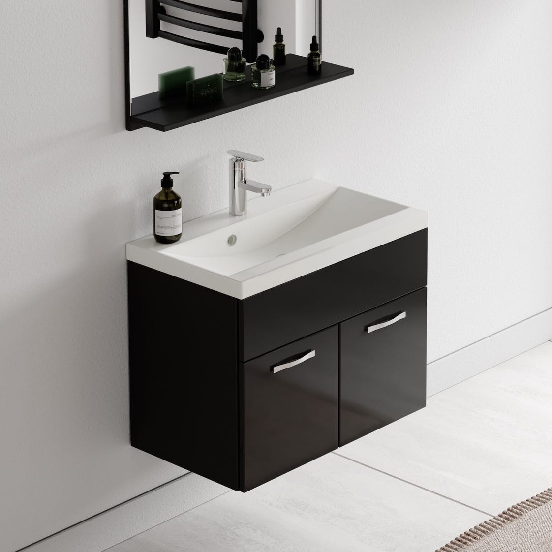 Meuble de salle de bain de Montreal 02 60 cm lavabo Noir Brillant - Armoire de rangement Meuble lavabo evier Meubles 3