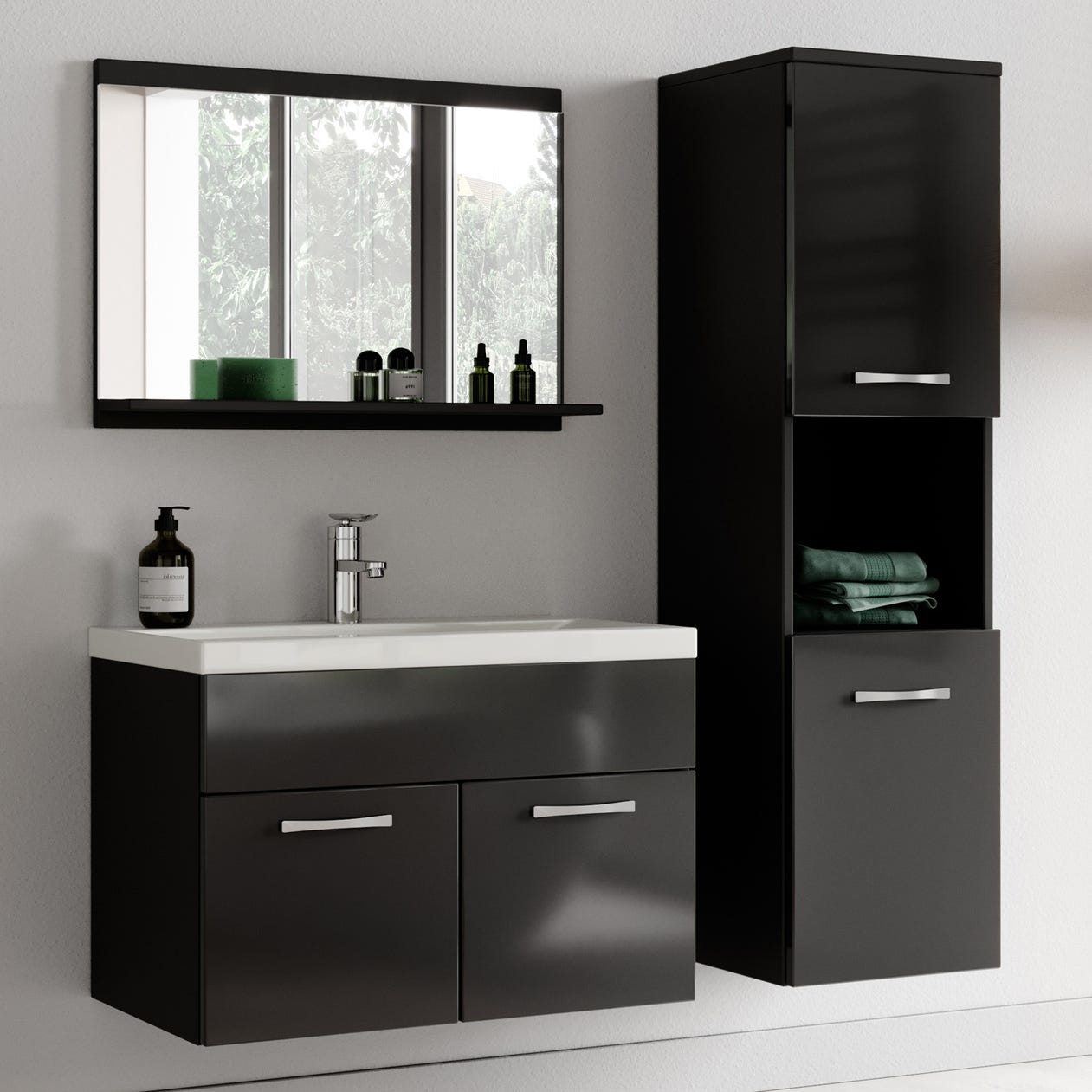 Meuble de salle de bain Montreal 60 cm lavabo Noir brillant - Armoire de rangement Meuble lavabo evier Meubles 1