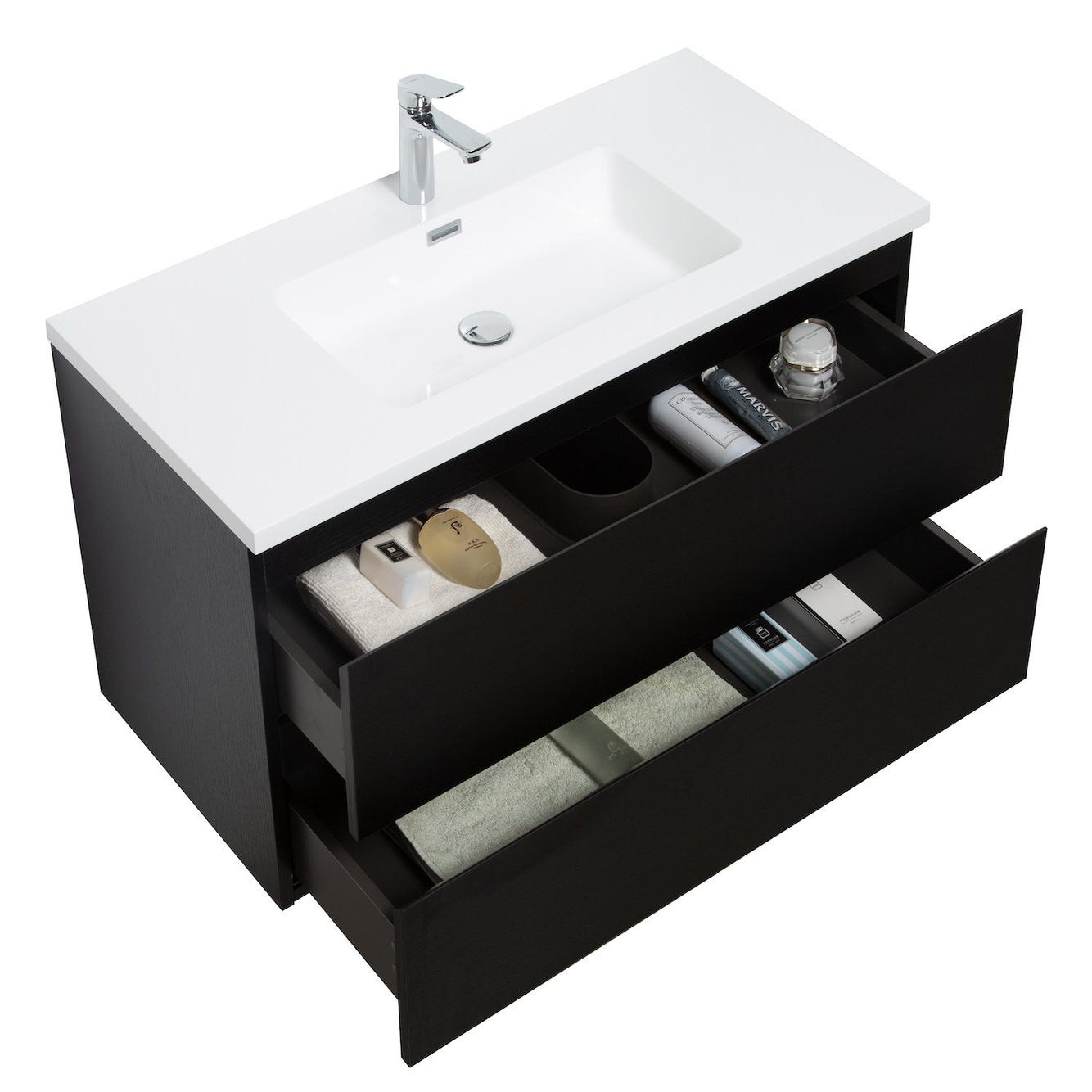 Meuble de salle de bain Angela 100 cm bois noir – Armoire de rangement Meuble lavabo 1