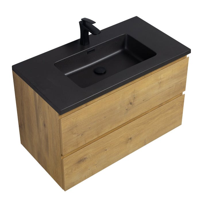 Meuble de salle de bain Angela 90 cm - lavabo noir - Chêne - Meuble bas meuble vasque meuble vasque 2
