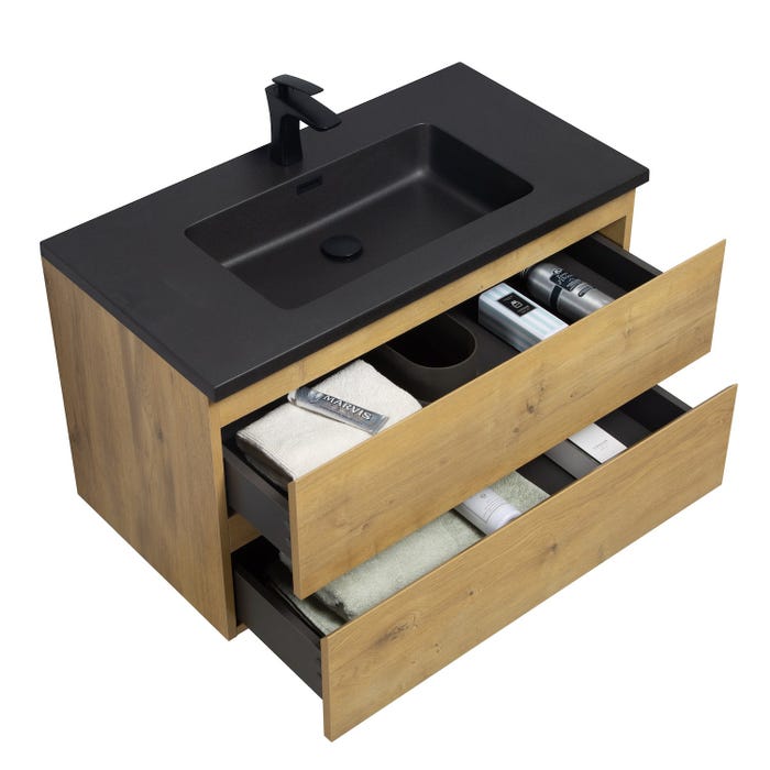 Meuble de salle de bain Angela 90 cm - lavabo noir - Chêne - Meuble bas meuble vasque meuble vasque 1