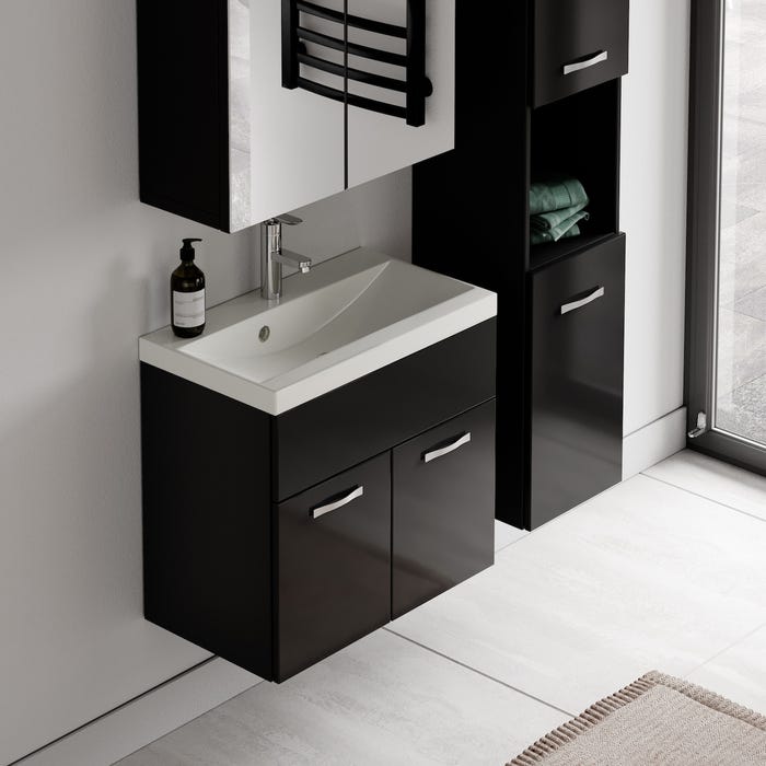 Meuble de salle de bain Montreal 60 cm avec miroir armoire Noir brillant - Armoire de rangement Meuble lavabo evier Meubles 3