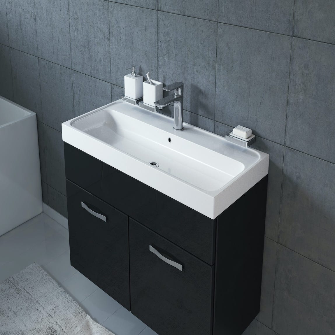 Meuble de salle de bain Paso 01 80 x 40 cm lavabo Noir Brillant – Armoire de rangement 3