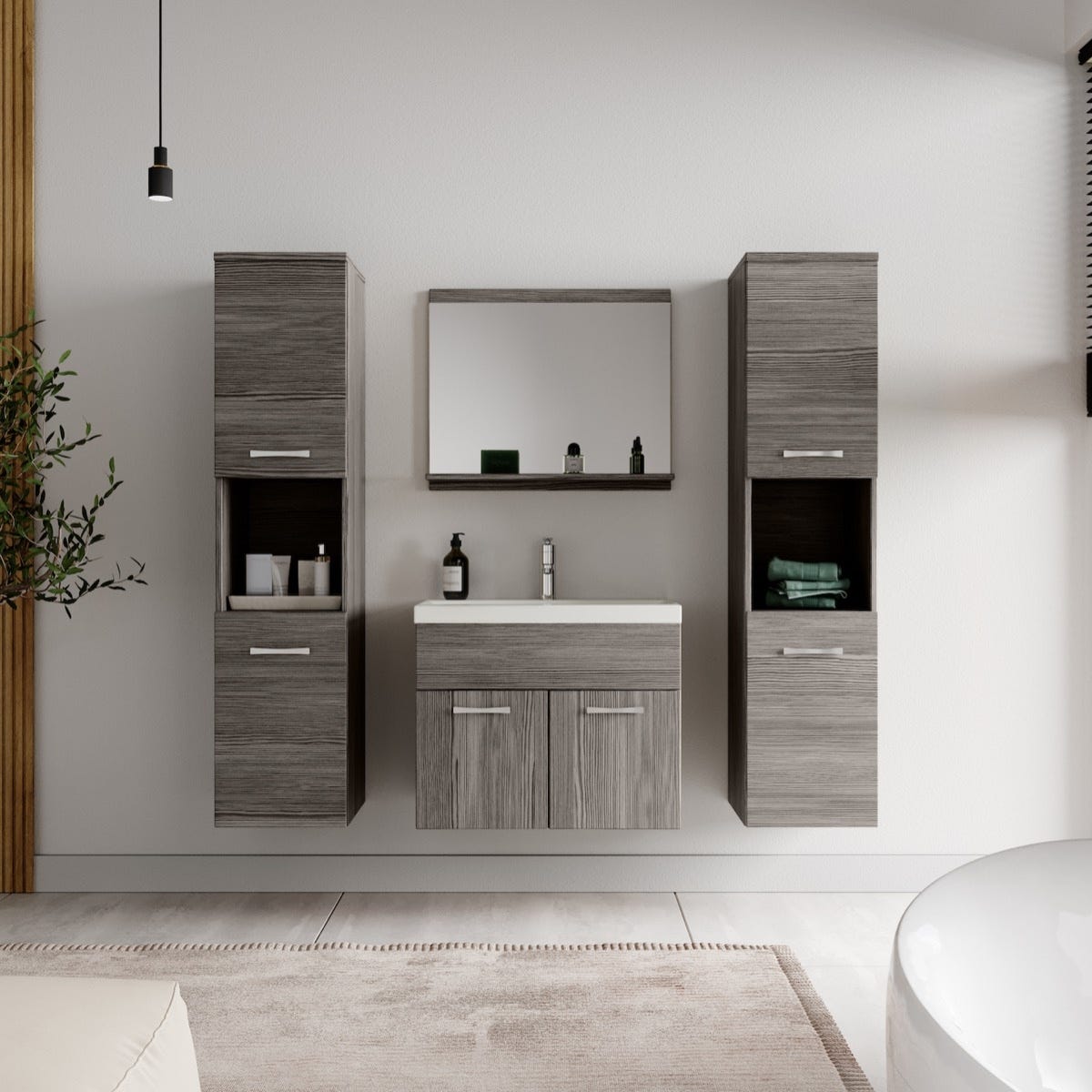 Meuble de salle de bain Montreal XL 60 cm lavabo Chene Gris - Armoire de rangement Meuble lavabo evier Meubles 2