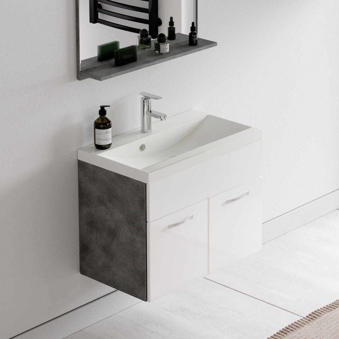 Meuble de salle de bain de Montreal 02 60 cm lavabo Gris avec Blanc - Armoire de rangement Meuble lavabo evier Meubles 3