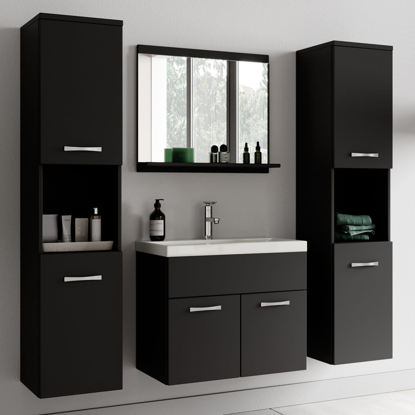 Meuble de salle de bain Montreal XL 60 cm lavabo Noir mat - Armoire de rangement Meuble lavabo evier Meubles 1