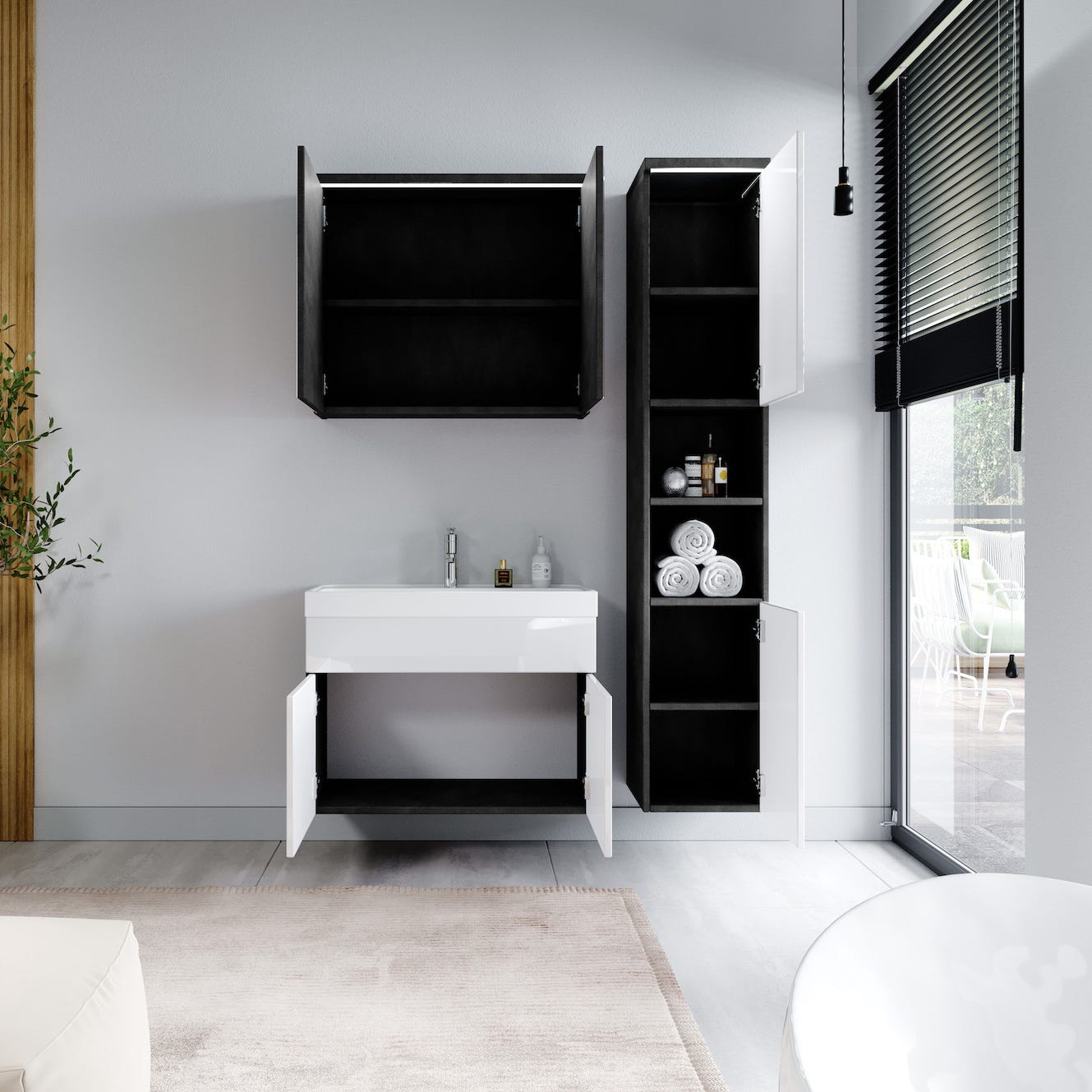 Meuble de salle de bain de Paso 80 x 40 cm lavabo Gris avec Blanc – Armoire de rangement Meuble lavabo armoire miroir 2
