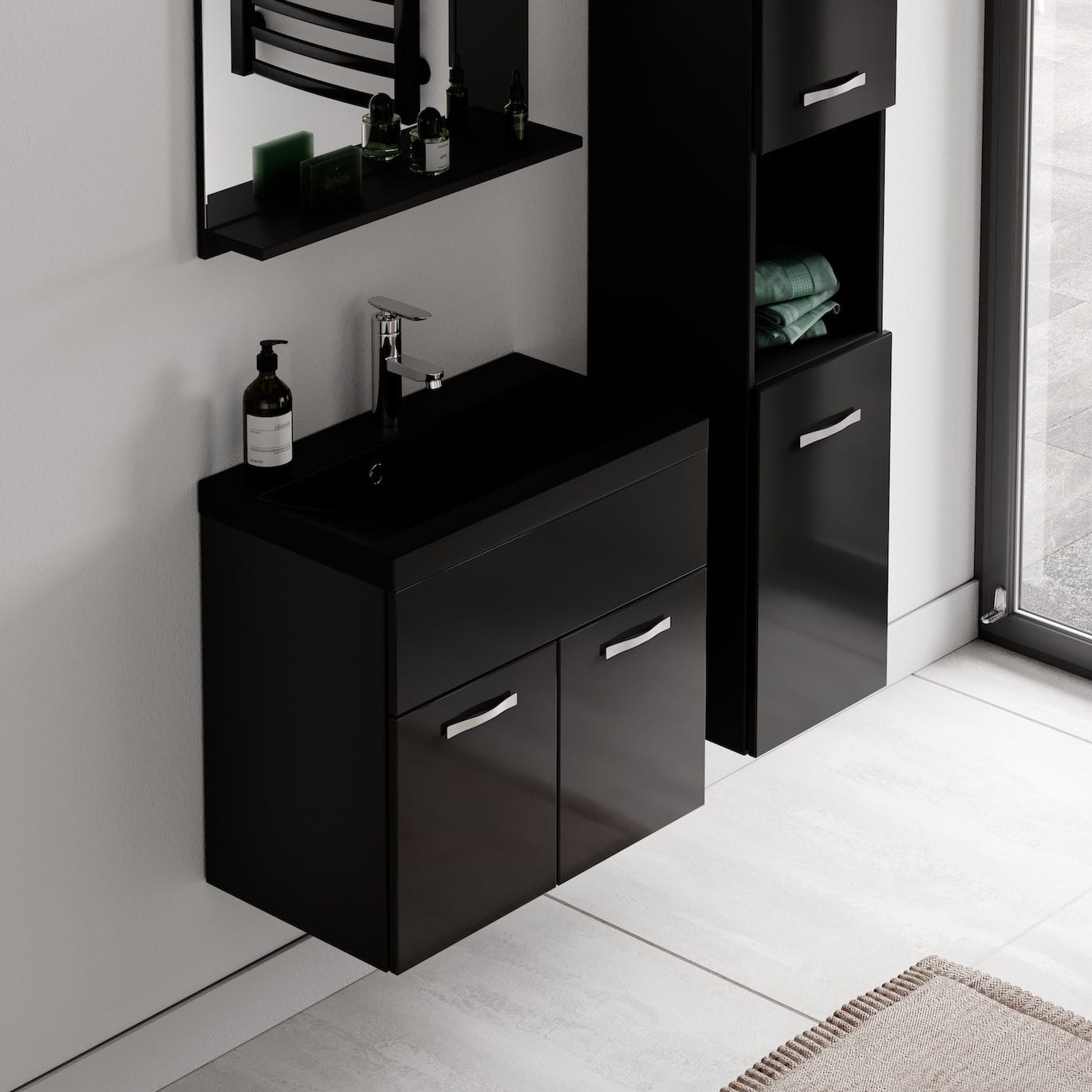 Meuble de salle de bain Montreal 60 cm lavabo noir - Noir brillant - Armoire de rangement Meuble lavabo evier Meubles 5