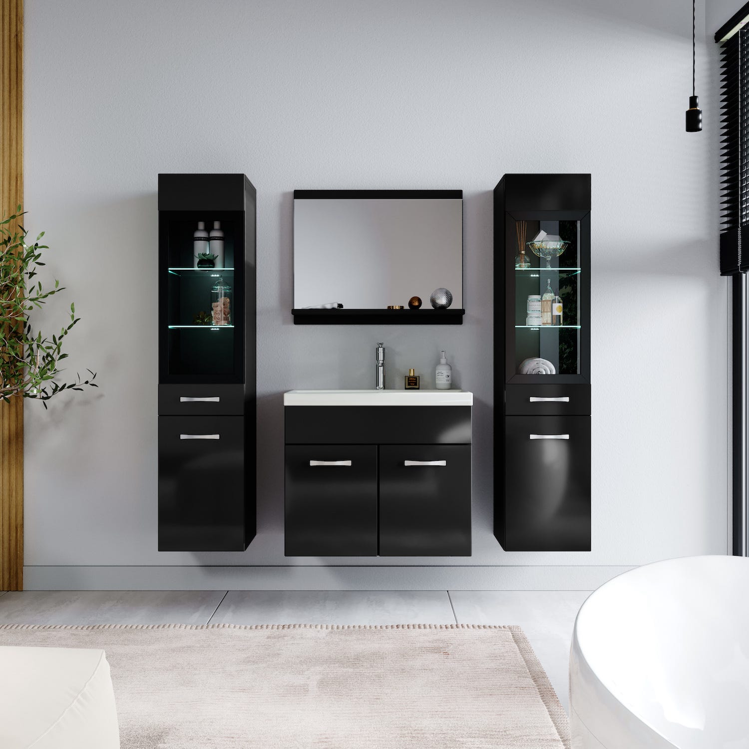 Meuble de salle de bain Rio XL LED 60 cm lavabo Noir brillant - Armoire de rangement Meuble lavabo 2
