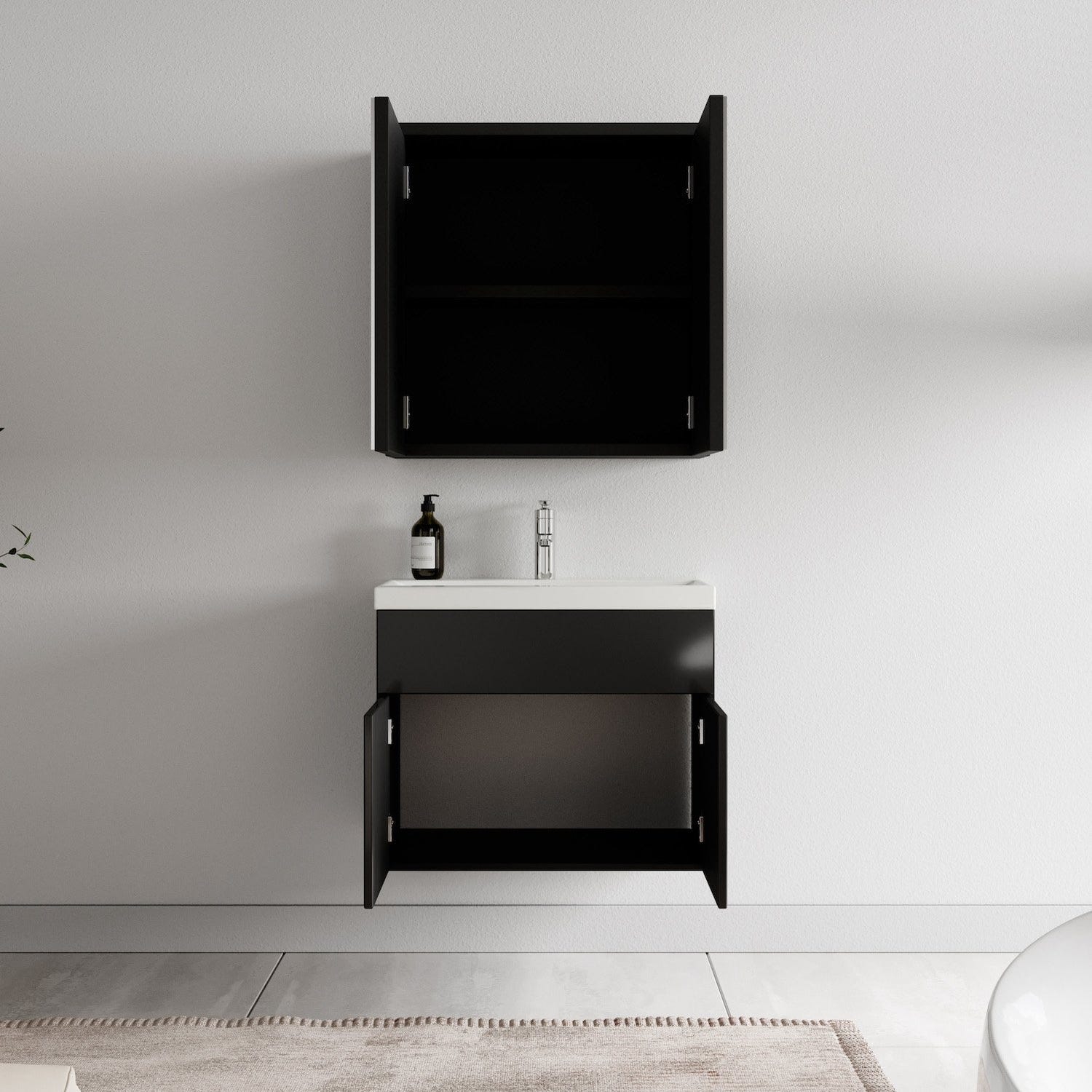 Meuble de salle de bain de Montreal 01 60cm avec miroir armoire Noir brillant - Armoire de rangement Meuble lavabo evier Meubles 2