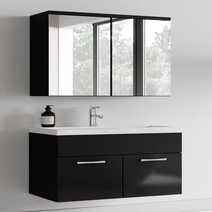 Meuble de salle de bain de Montreal 01 60cm avec miroir armoire Noir brillant - Armoire de rangement Meuble lavabo evier Meubles 3