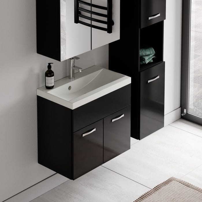Meuble de salle de bain de Montreal 01 60cm avec miroir armoire Noir brillant - Armoire de rangement Meuble lavabo evier Meubles 4