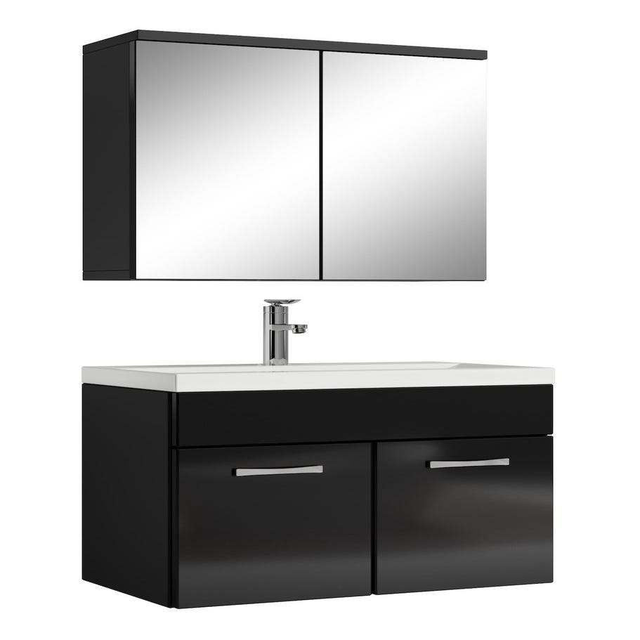 Meuble de salle de bain de Montreal 01 60cm avec miroir armoire Noir brillant - Armoire de rangement Meuble lavabo evier Meubles 0