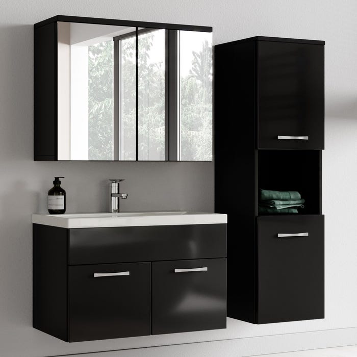 Meuble de salle de bain de Montreal 01 60cm avec miroir armoire Noir brillant - Armoire de rangement Meuble lavabo evier Meubles 1
