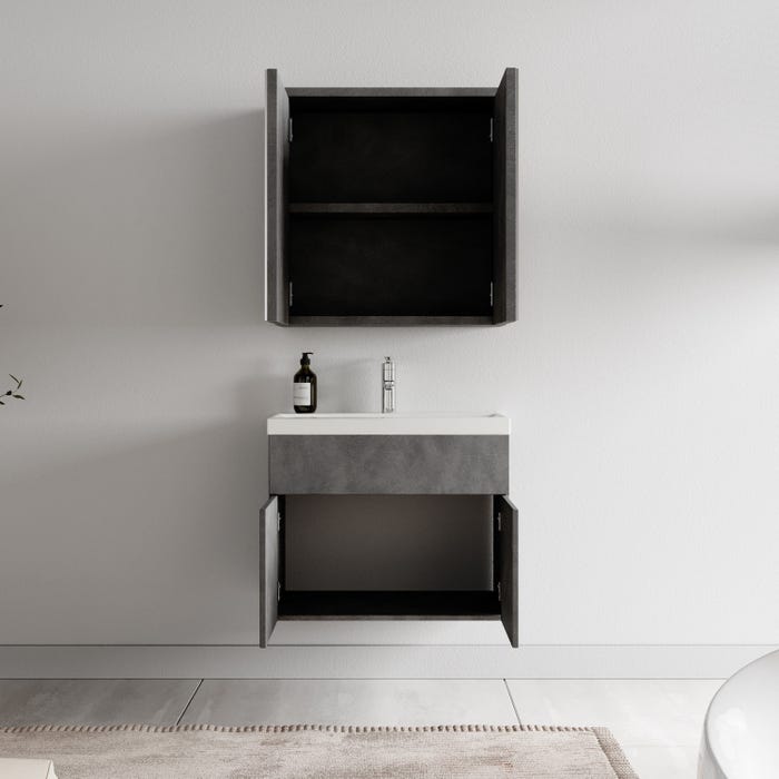 Meuble de salle de bain de Montreal 01 60cm avec miroir armoire Gris - Armoire de rangement Meuble lavabo evier Meubles 2