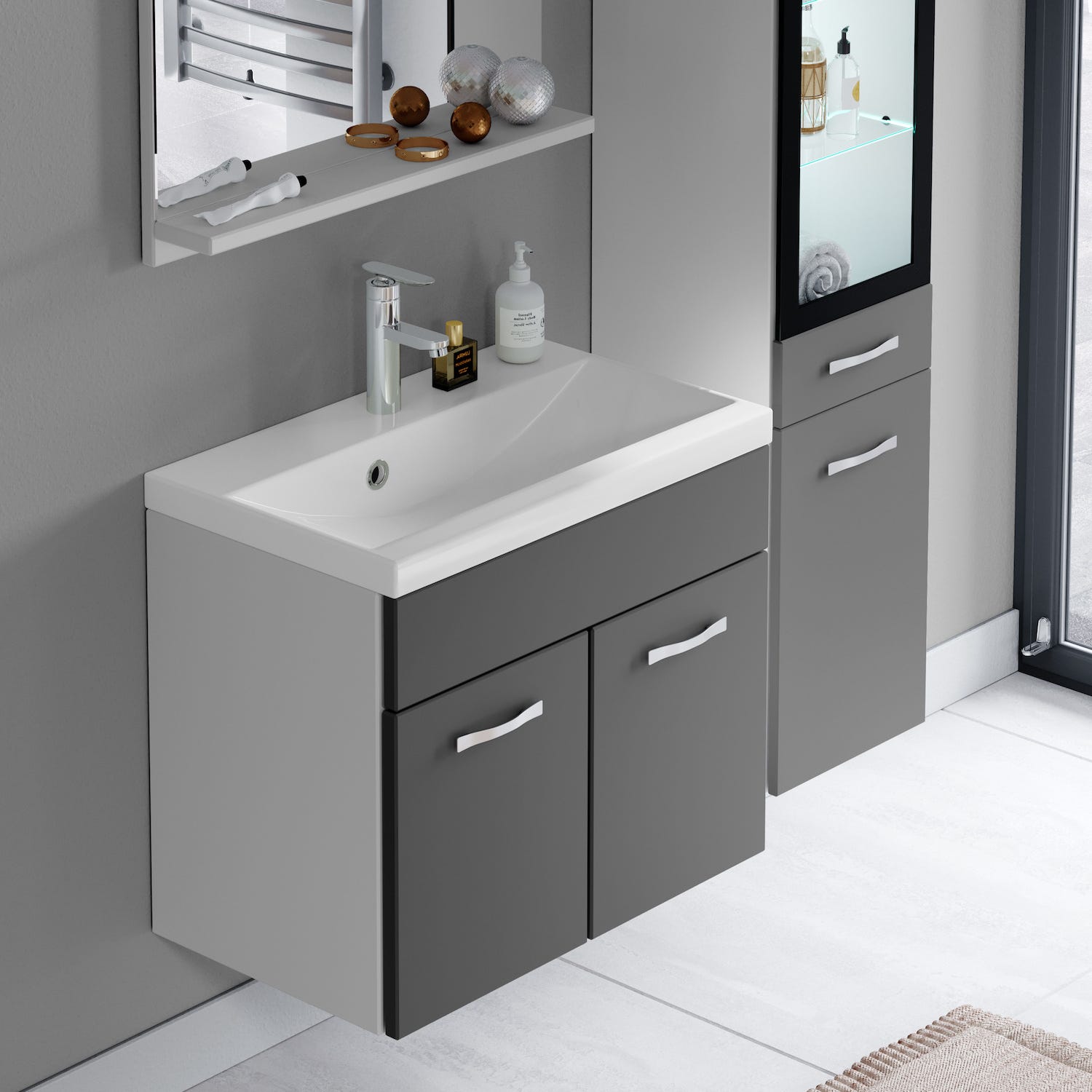 Meuble de salle de bain Rio LED 60 cm lavabo Gris brillant - Armoire de rangement Meuble lavabo 4