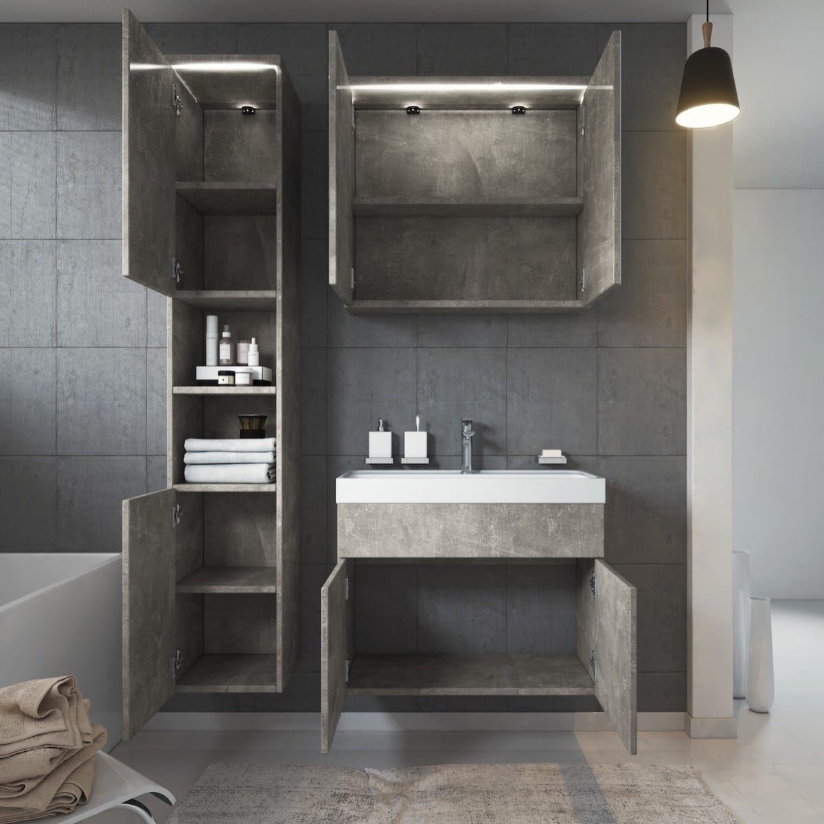 Meuble de salle de bain de Paso 80 x 40 cm lavabo Beton Gris – Armoire de rangement Meuble lavabo armoire miroir 2